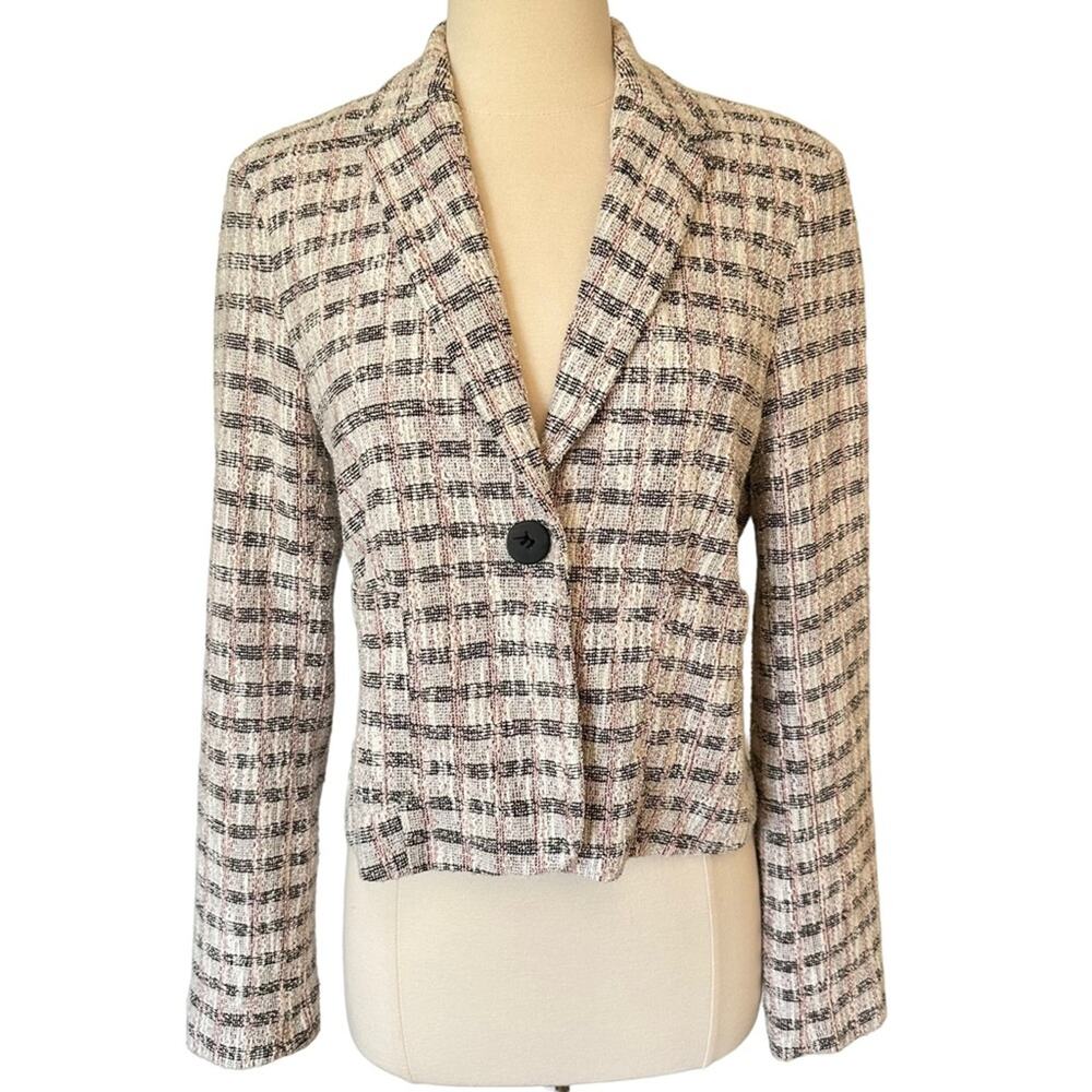 Topshop Tweed Plaid Blazer in White Pink Black Single Breasted Preppy Sz 10 / M